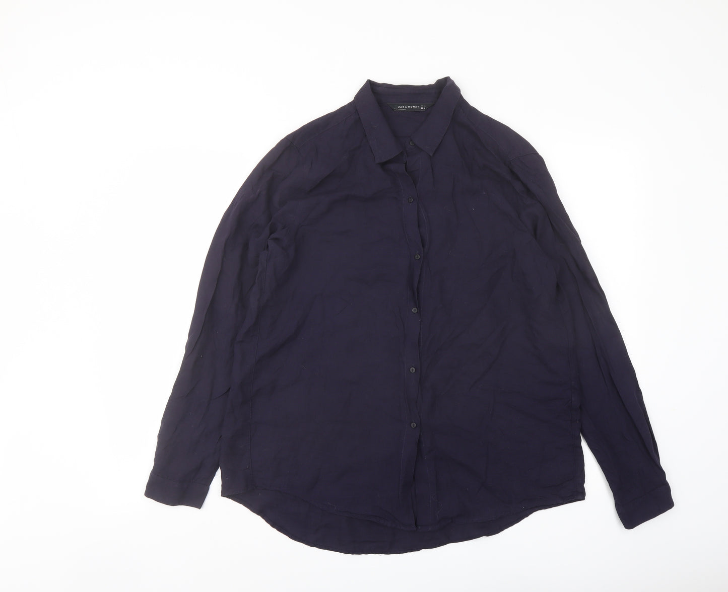 Zara Womens Blue Polyester Basic Button-Up Size L Collared