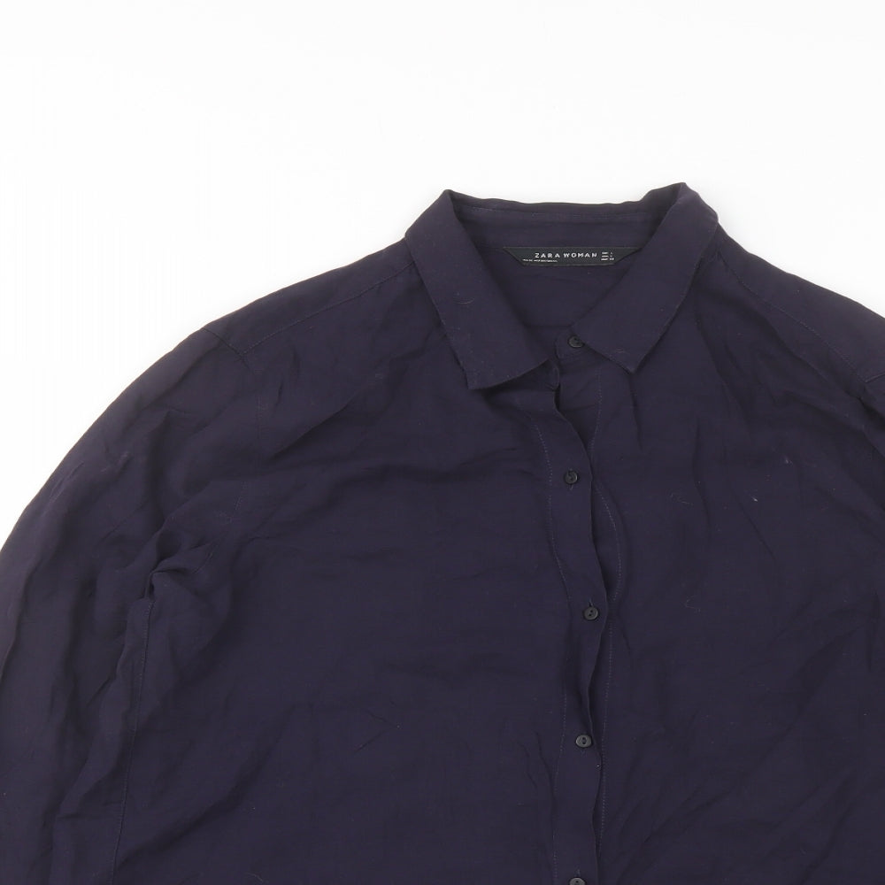 Zara Womens Blue Polyester Basic Button-Up Size L Collared