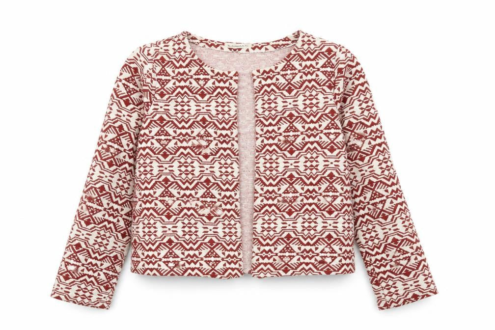 Front view of Encuentro women’s red geometric jacket blazer, size M