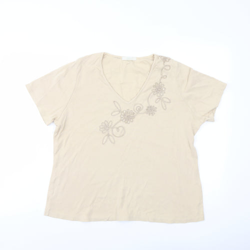 Marks and Spencer Womens Beige Cotton Basic T-Shirt Size 18 V-Neck - Flower Detail
