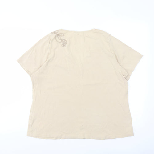 Marks and Spencer Womens Beige Cotton Basic T-Shirt Size 18 V-Neck - Flower Detail