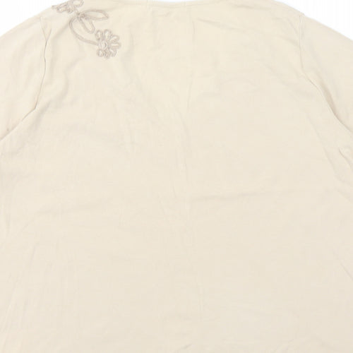 Marks and Spencer Womens Beige Cotton Basic T-Shirt Size 18 V-Neck - Flower Detail