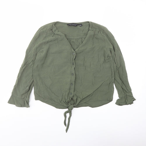 Dorothy Perkins Womens Green Viscose Basic Button-Up Size 8 V-Neck - Knot Front