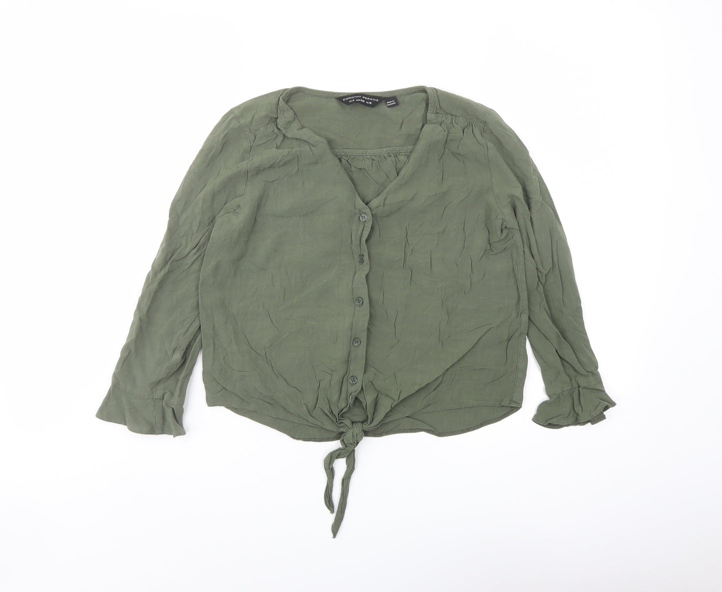 Dorothy Perkins Womens Green Viscose Basic Button-Up Size 8 V-Neck - Knot Front