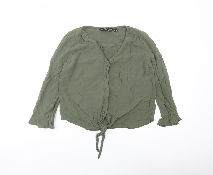 Dorothy Perkins Womens Green Viscose Basic Button-Up Size 8 V-Neck - Knot Front