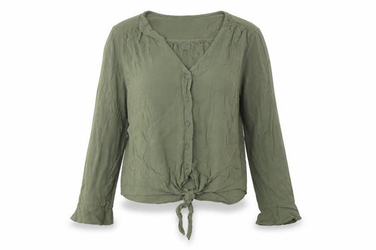 Front view of Dorothy Perkins women’s green viscose basic button-up, size UK 8, v-neck - knot front
