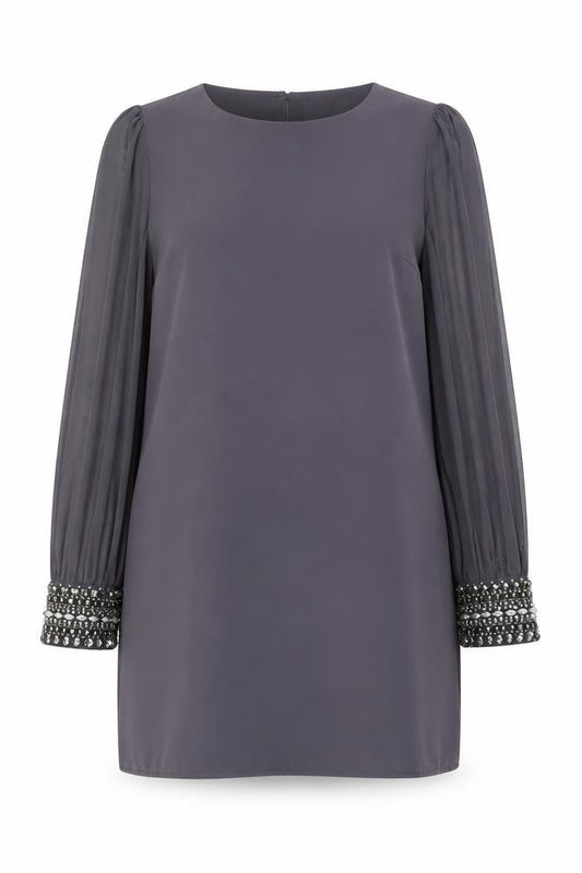 Front view of Warehouse women’s grey polyester a-line, size UK 16, round neck button