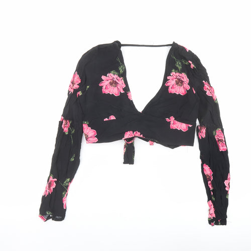 Nobody's Child Womens Black Floral Viscose Cropped Blouse Size 12 V-Neck