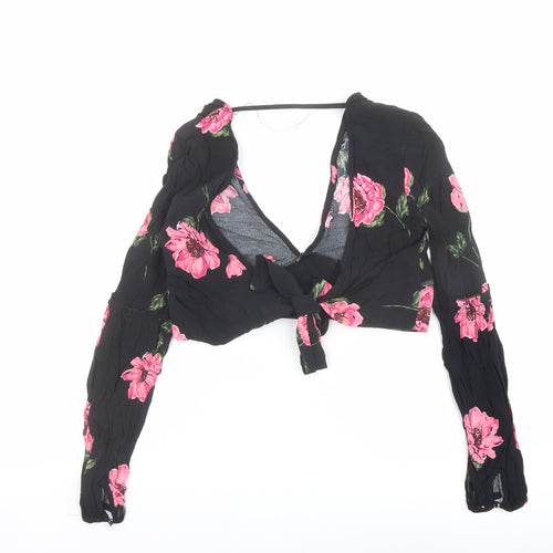 Nobody's Child Womens Black Floral Viscose Cropped Blouse Size 12 V-Neck