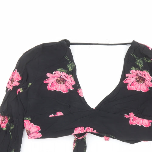 Nobody's Child Womens Black Floral Viscose Cropped Blouse Size 12 V-Neck