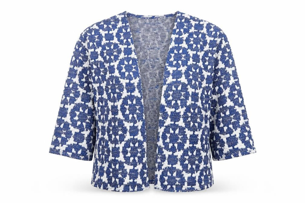Front view of H&M women’s blue geometric jacket coatigan, size XS