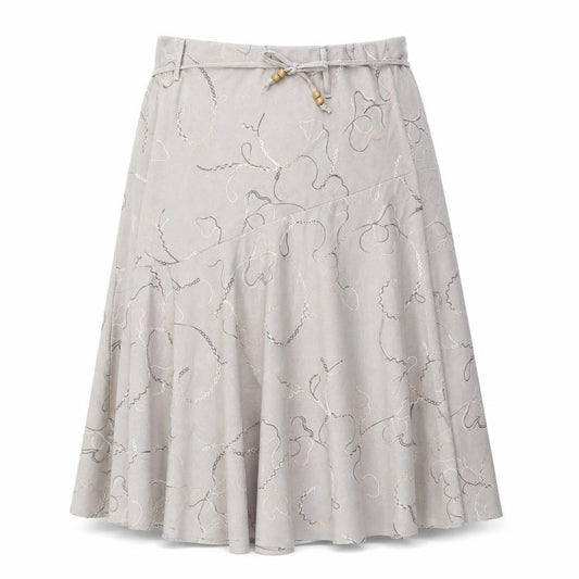 Front view of Saloos women’s beige geometric polyester swing skirt, size UK 34, in drawstring