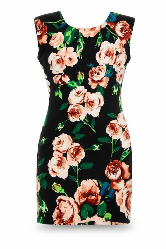 Front view of AX Paris women’s multicoloured floral polyester shift, size UK 8, round neck zip - roses