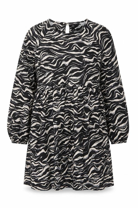 Front view of River Island women’s black geometric polyester a-line, size UK 18, round neck button