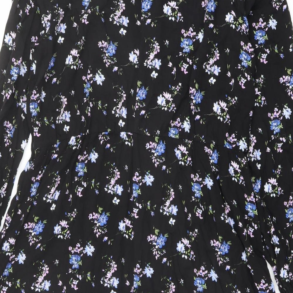 Friends Like These Womens Black Floral Viscose Shift Size 16 Mock Neck Button