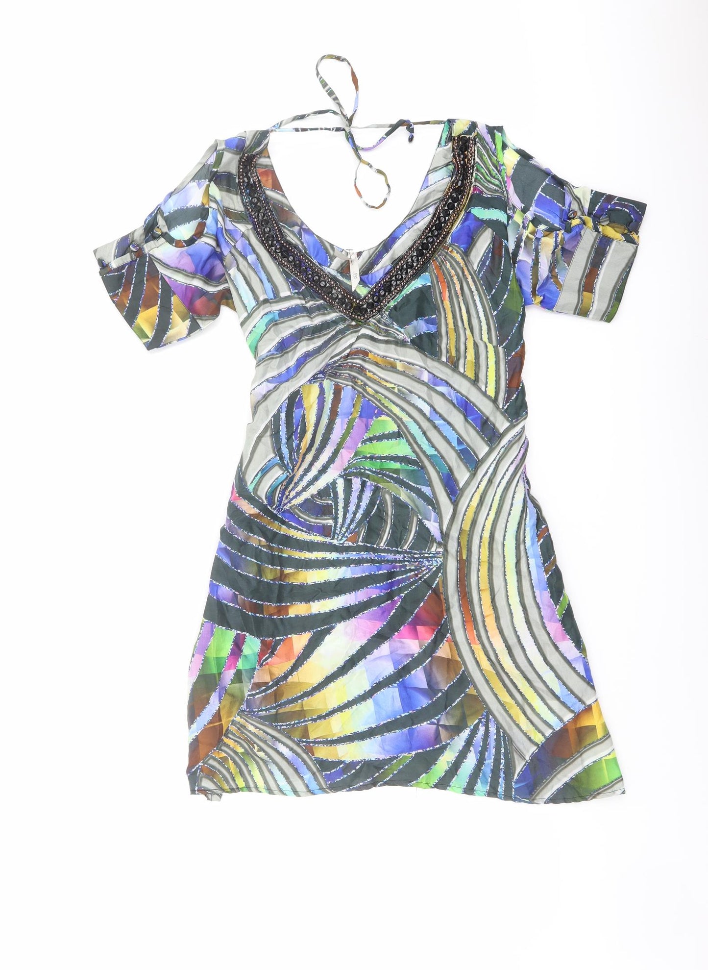 Dorothy Perkins Womens Multicoloured Geometric Cotton A-Line Size 12 V-Neck Zip