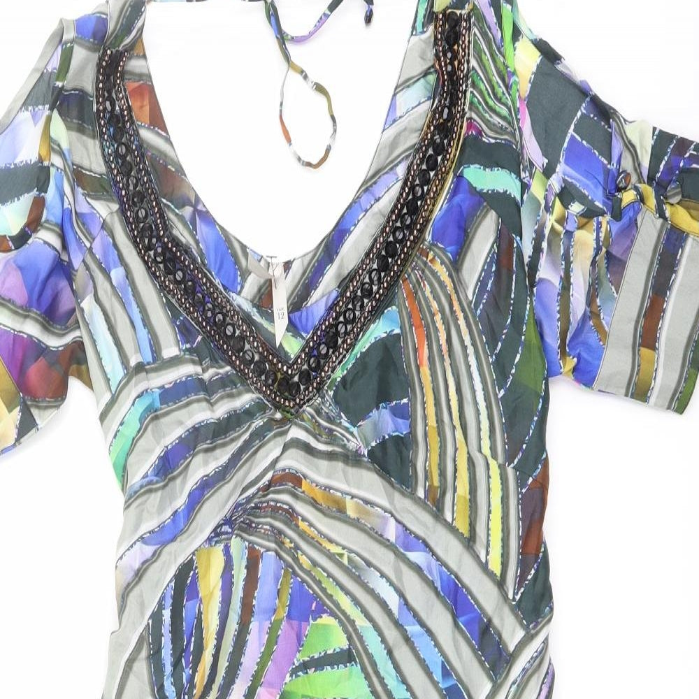 Dorothy Perkins Womens Multicoloured Geometric Cotton A-Line Size 12 V-Neck Zip