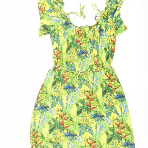 Oasis Womens Yellow Geometric Viscose A-Line Size L Round Neck Pullover - Parrot Print