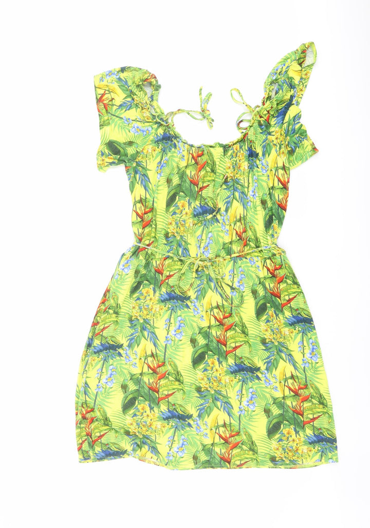 Oasis Womens Yellow Geometric Viscose A-Line Size L Round Neck Pullover - Parrot Print