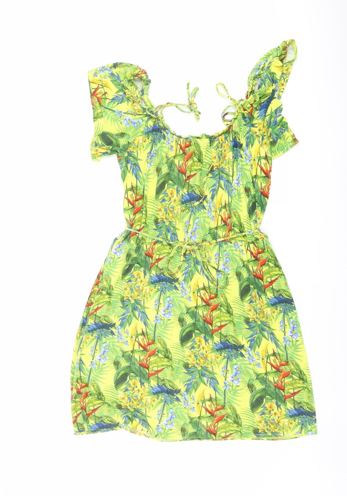 Oasis Womens Yellow Geometric Viscose A-Line Size L Round Neck Pullover - Parrot Print