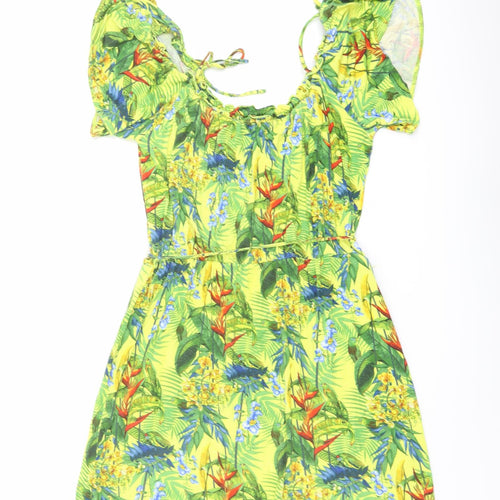 Oasis Womens Yellow Geometric Viscose A-Line Size L Round Neck Pullover - Parrot Print