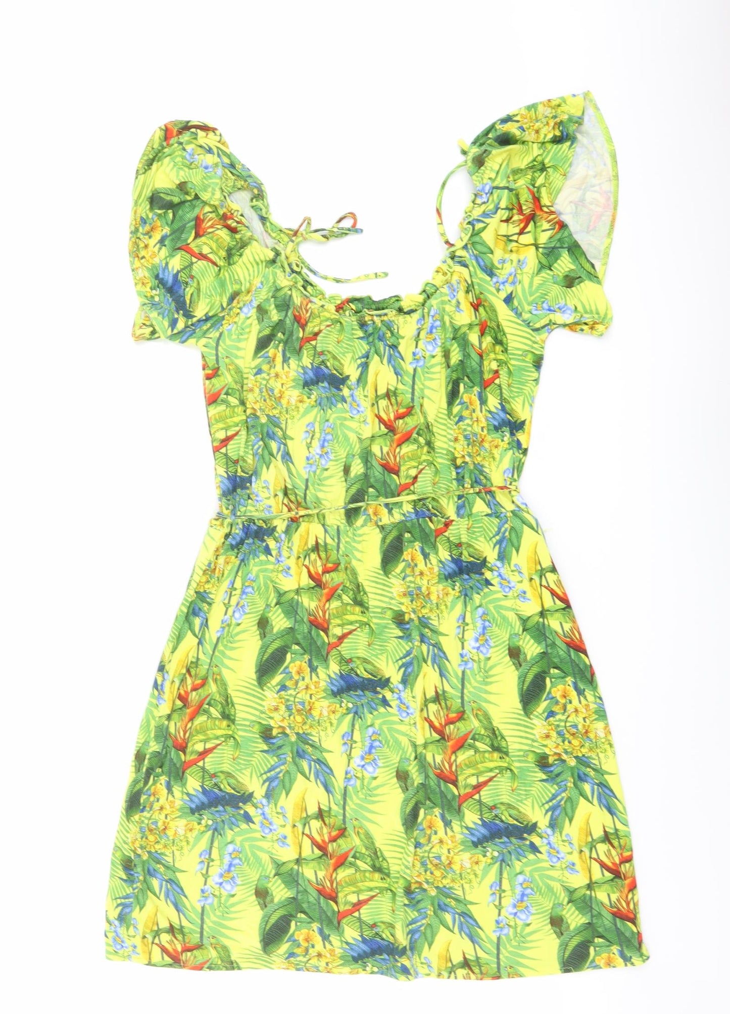 Oasis Womens Yellow Geometric Viscose A-Line Size L Round Neck Pullover - Parrot Print