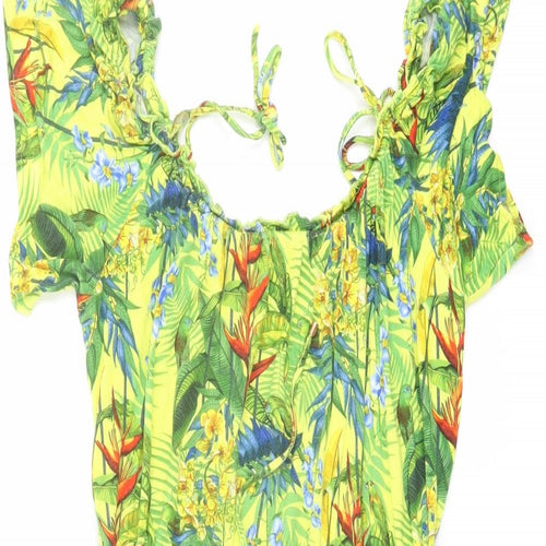Oasis Womens Yellow Geometric Viscose A-Line Size L Round Neck Pullover - Parrot Print