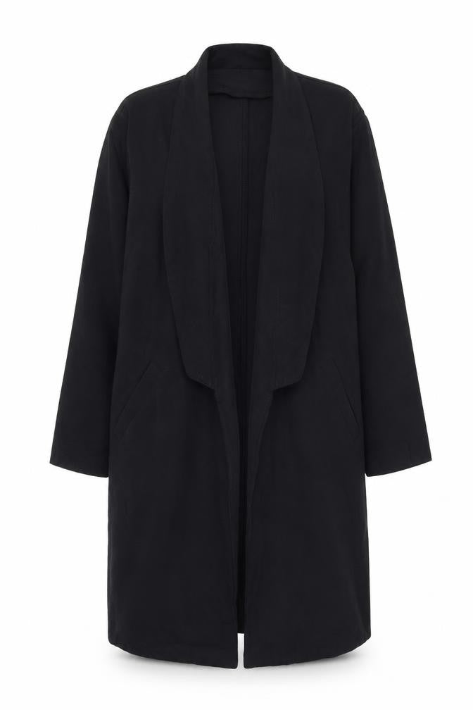 Front view of ASOS women’s black overcoat coat, size UK 10