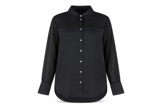 Front view of River Island women’s black polyester basic button-up, size UK 10, collared