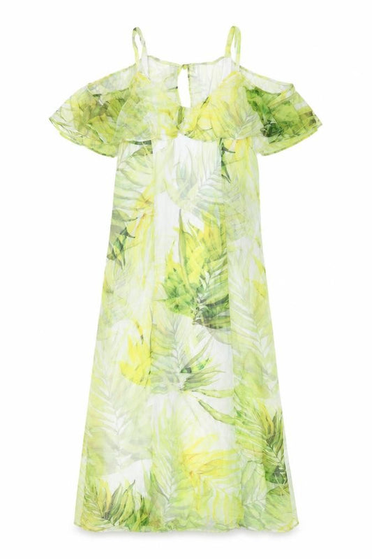 Front view of Roman women’s green geometric polyester a-line, size UK 10, round neck zip - cold shoulders