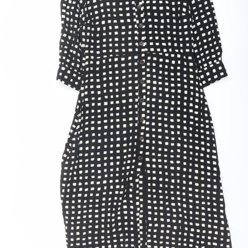 Warehouse Womens Black Geometric Viscose Shirt Dress Size 12 V-Neck Button