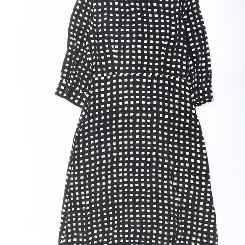 Warehouse Womens Black Geometric Viscose Shirt Dress Size 12 V-Neck Button