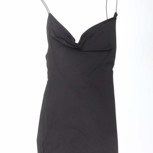 PRETTYLITTLETHING Womens Black Polyester Tank Dress Size 8 Cowl Neck Pullover - Open Back