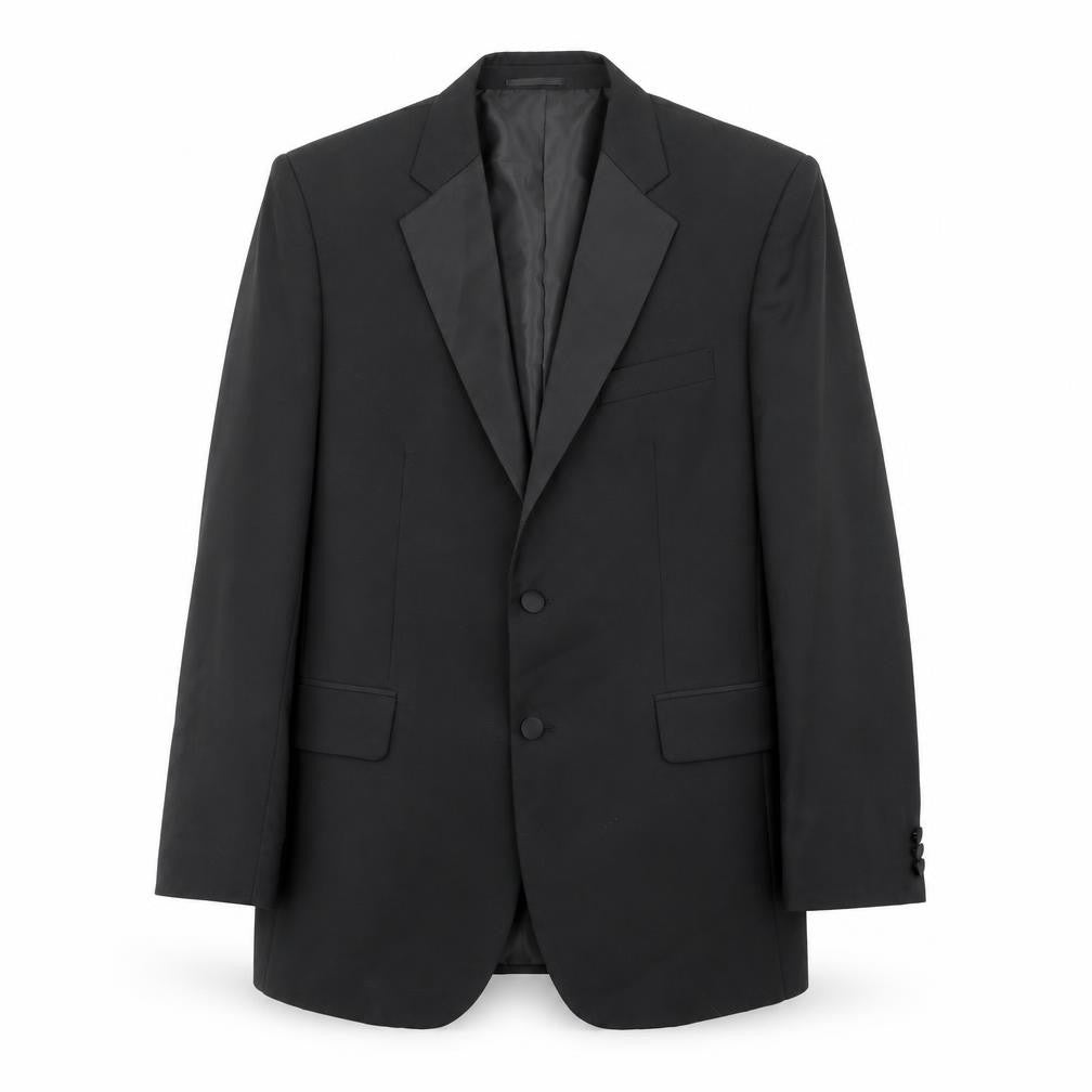 Front view of Clemont Dirext men’s black polyester tuxedo suit jacket, size 40, regular