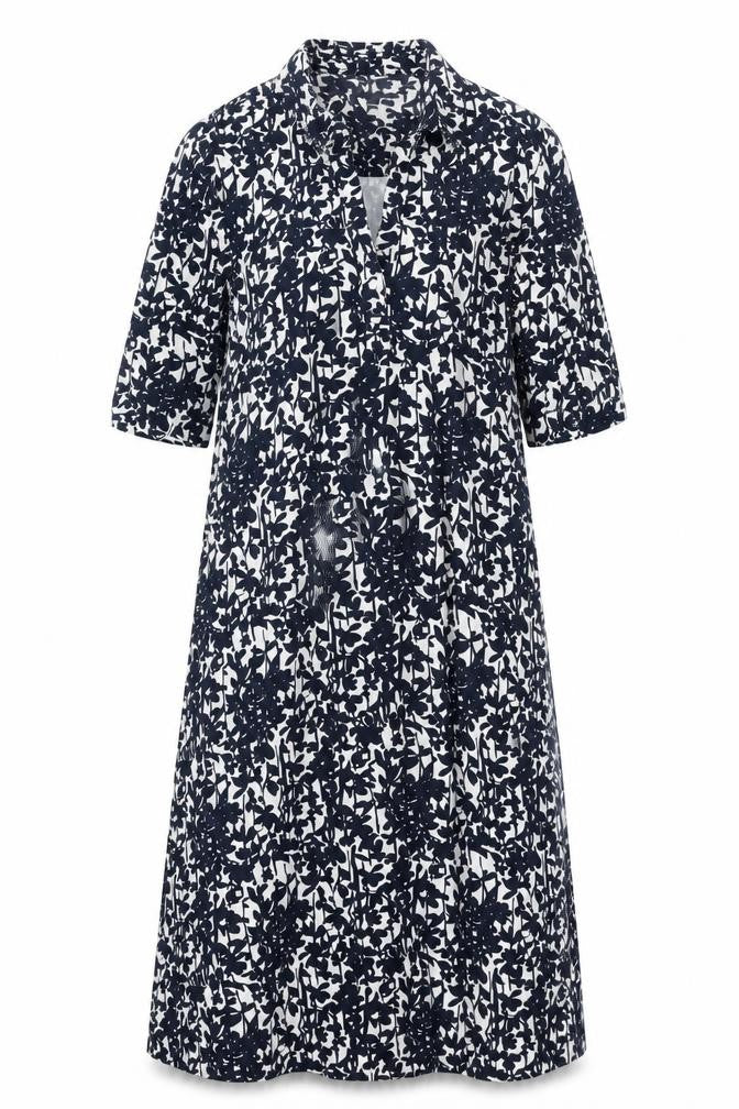 Front view of Monsoon women’s blue geometric viscose a-line, size UK 10, collared pullover