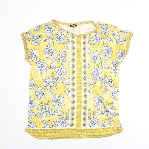 Olsen Womens Yellow Floral Polyester Basic T-Shirt Size 14 Round Neck