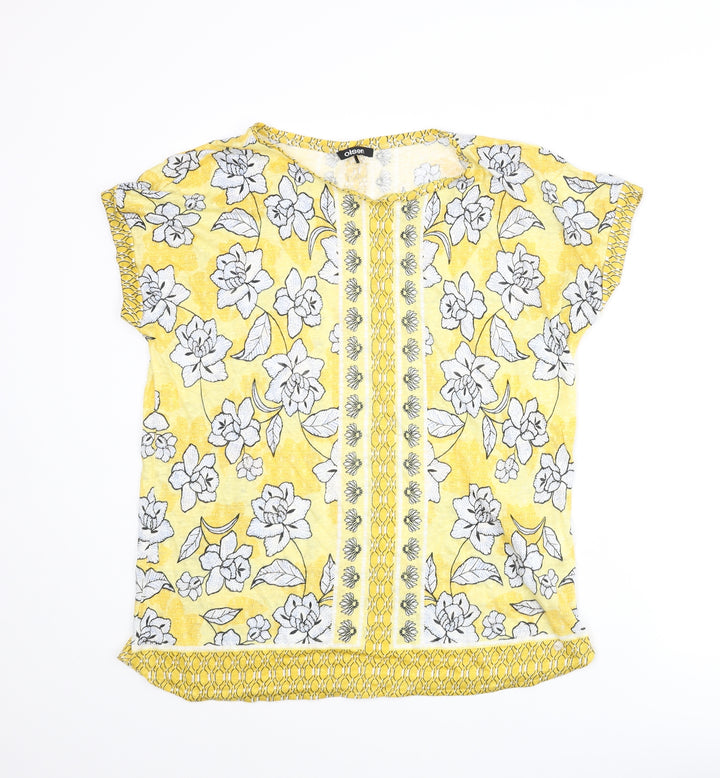 Olsen Womens Yellow Floral Polyester Basic T-Shirt Size 14 Round Neck