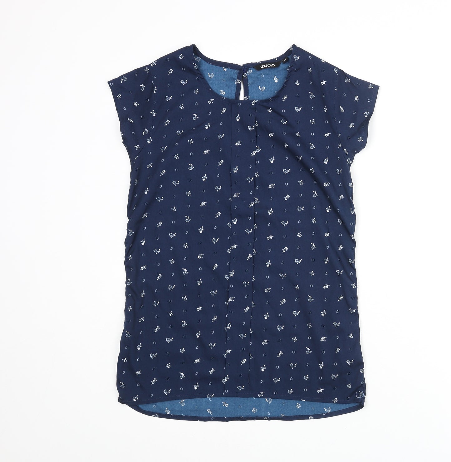 Zudio Womens Blue Geometric Polyester Basic T-Shirt Size XS Round Neck