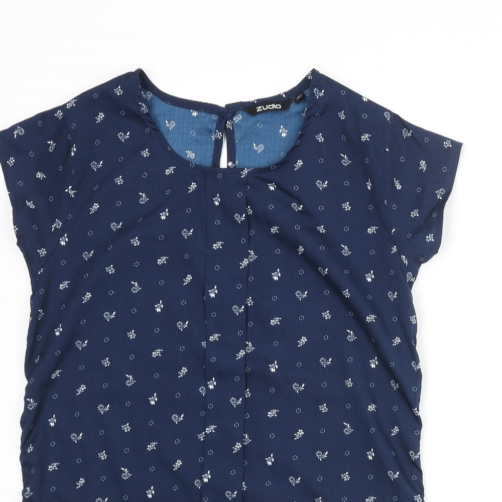 Zudio Womens Blue Geometric Polyester Basic T-Shirt Size XS Round Neck