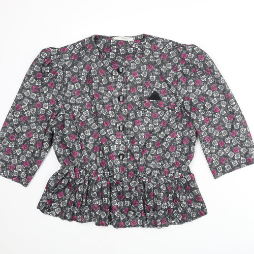 Debenhams Womens Black Floral Polyester Basic Button-Up Size 16 Round Neck