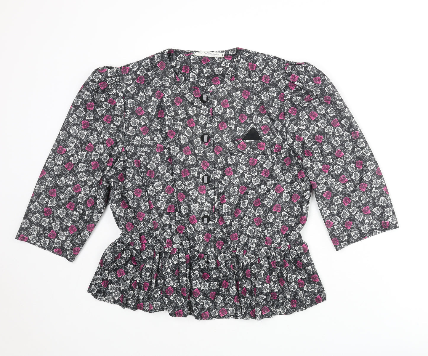 Debenhams Womens Black Floral Polyester Basic Button-Up Size 16 Round Neck