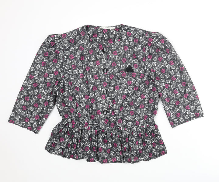 Debenhams Womens Black Floral Polyester Basic Button-Up Size 16 Round Neck