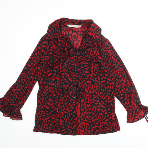 Daxon Womens Red Animal Print Polyester Basic Button-Up Size 12 Collared - Leopard Print