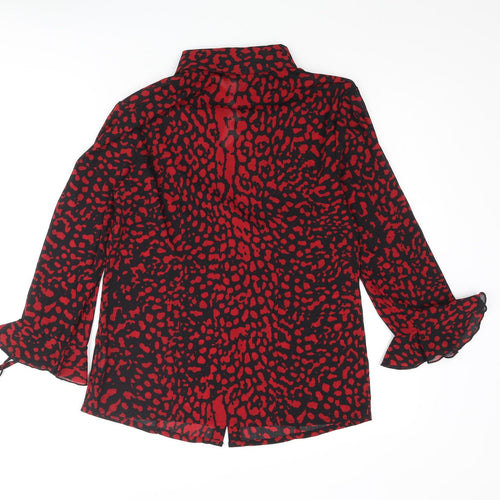 Daxon Womens Red Animal Print Polyester Basic Button-Up Size 12 Collared - Leopard Print