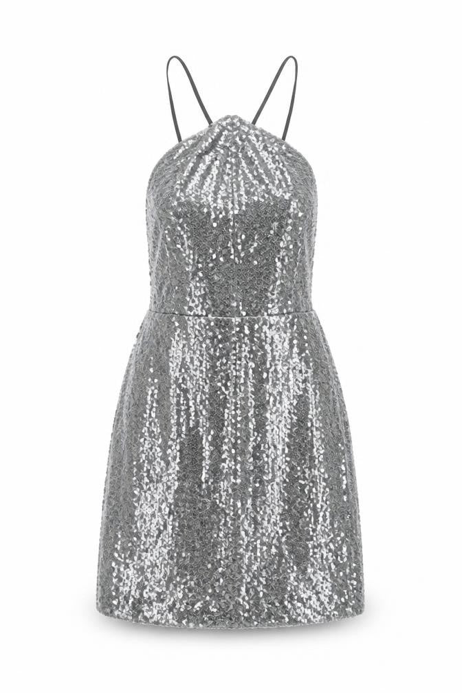 Front view of Zara women’s grey polyester mini, size S, halter lace up - open back