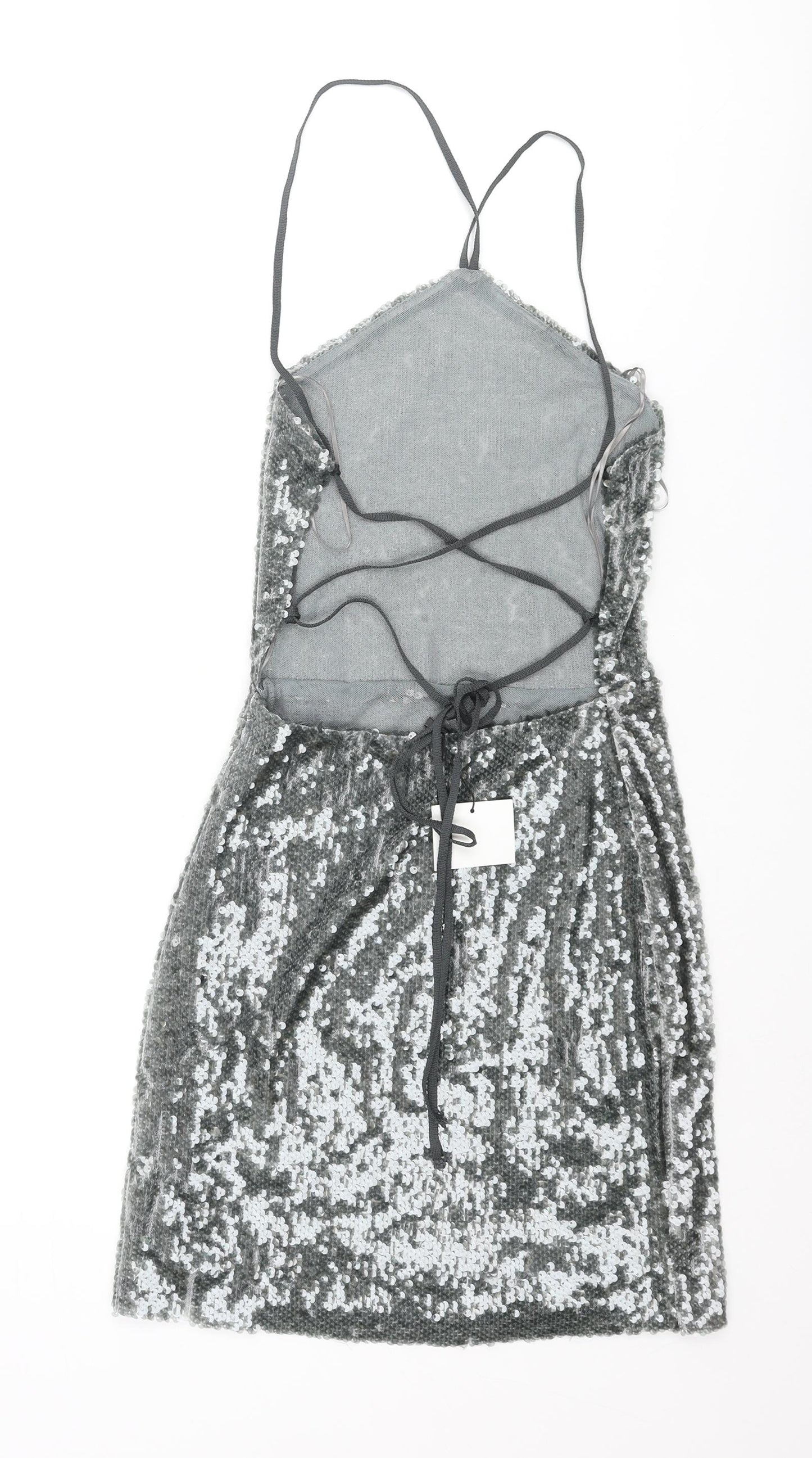 Zara Womens Grey Polyester Mini Size S Halter Lace Up - Open Back