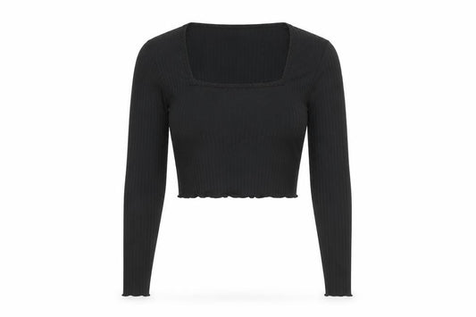 Front view of Red Herring women’s black polyester cropped t-shirt, size UK 10, square neck