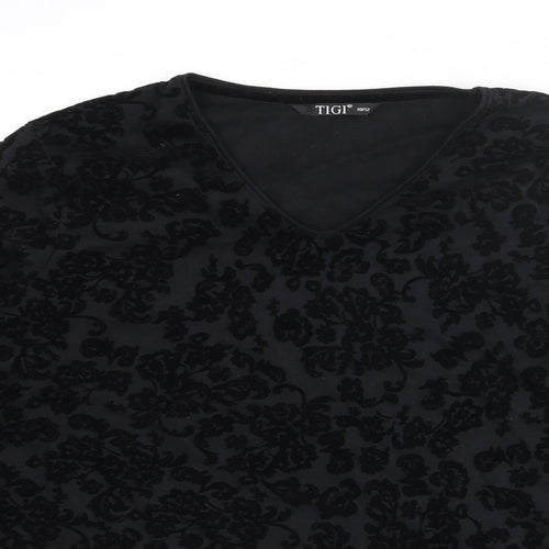 TIGI Womens Black Floral Polyester Basic T-Shirt Size 10 V-Neck - Size 10-12