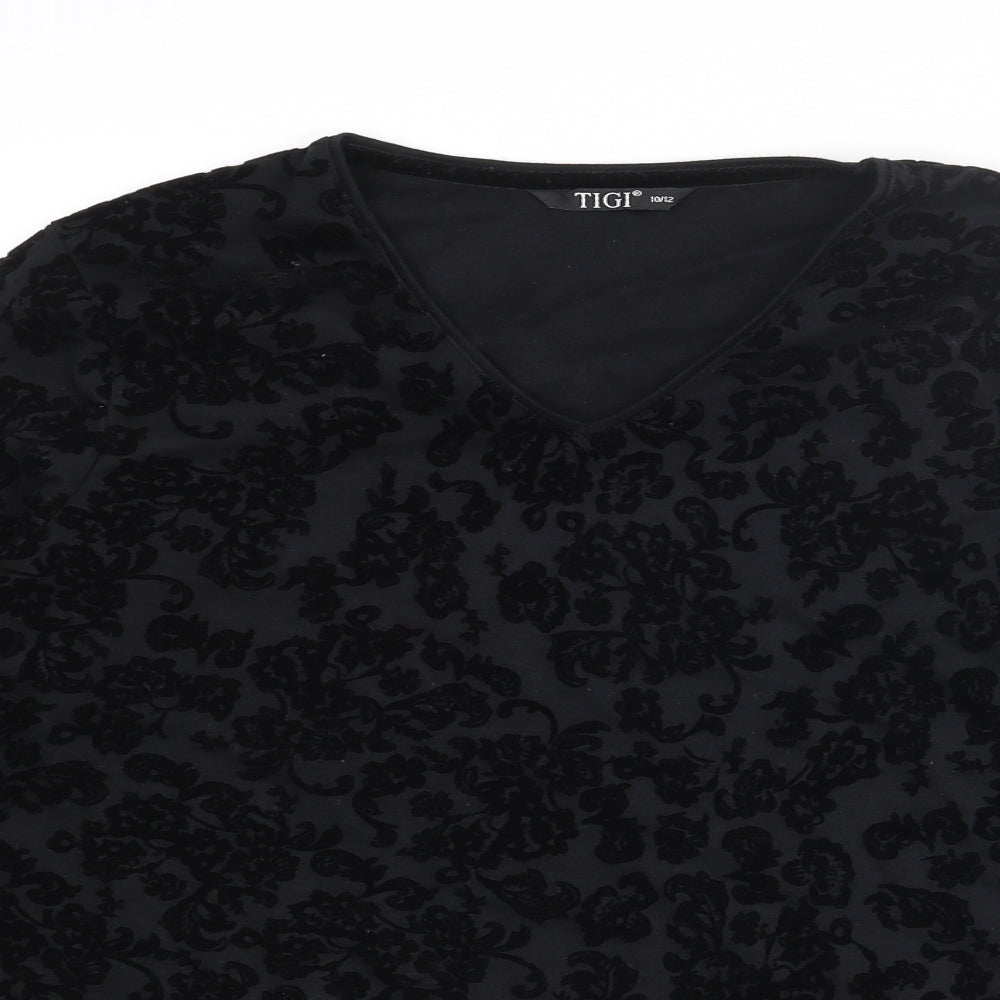 TIGI Womens Black Floral Polyester Basic T-Shirt Size 10 V-Neck - Size 10-12