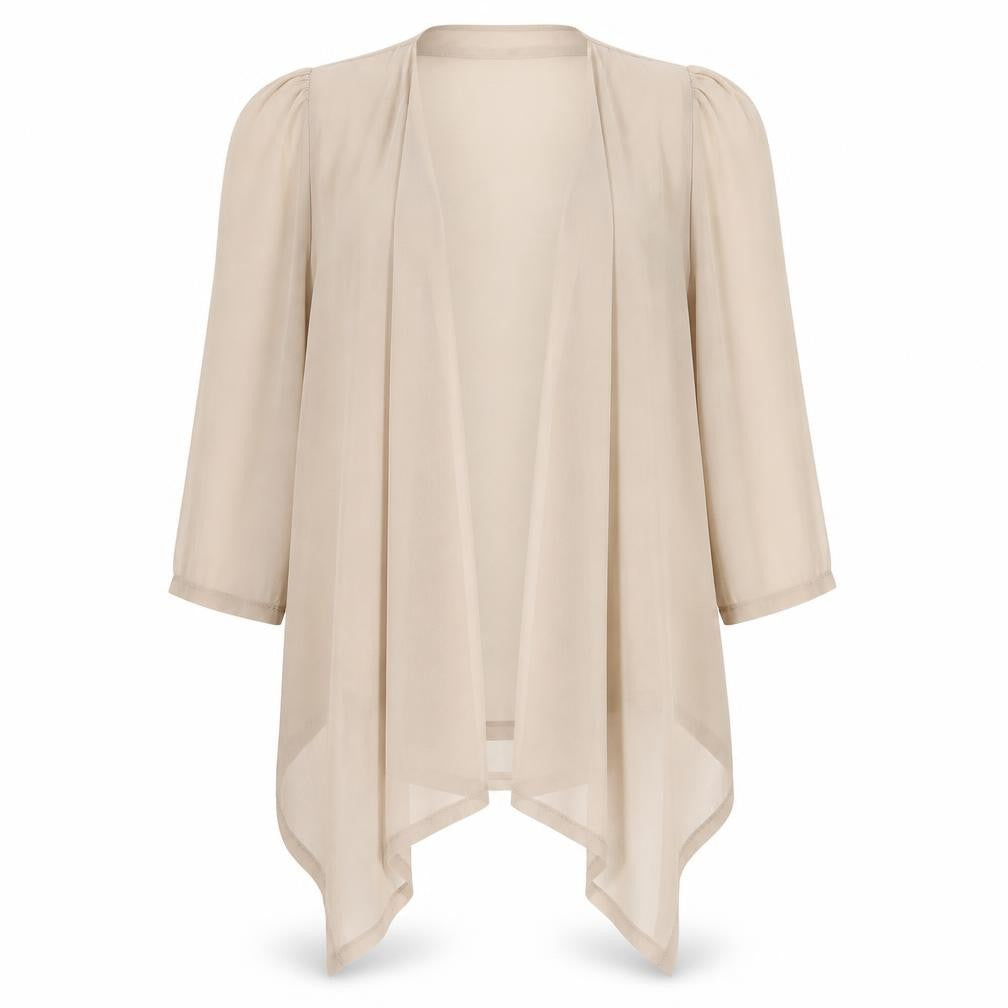 Front view of Miss Selfridge women’s beige polyester kimono blouse, size UK 8, v-neck